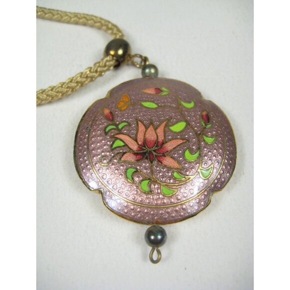 Vintage Lotus Floral Enamel Pendant Necklace 28 inch Goldtone Braided Cord - Picture 4 of 13
